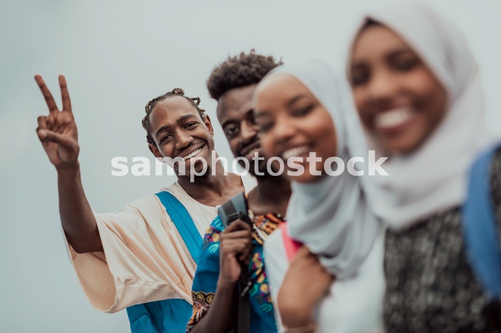 Group of happy African students having a conversation and team meeting working together on homework girls wearing traditional Sudan Muslim hijab fashion. High-quality photo. Group of happy african students having conversation and team meeting working together on homework girls wearing traidiional sudan muslim hijab fashion